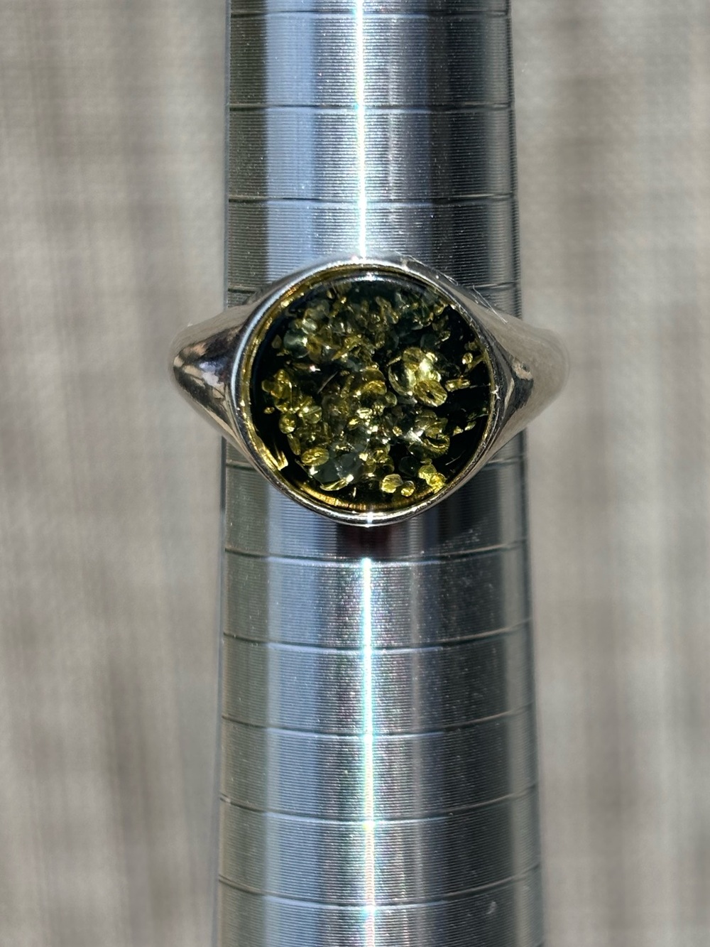 Stunning Sterling Silver Green Amber Signet Ring - Women's Size 8.5
